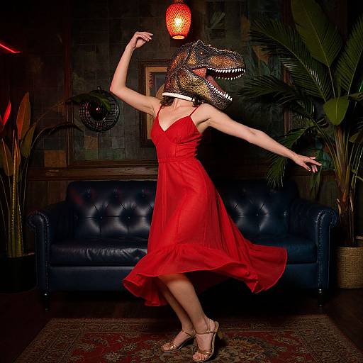 Dinosaur-Headed Woman Dancing Vibrantly