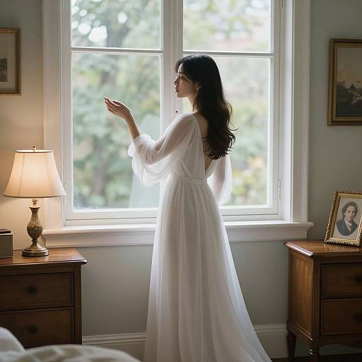 Photograph of a woman with long dark hair in a white, sheer, long-sleeved wedding dress, standing by a sunlit window, gently