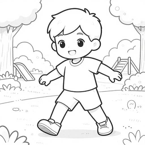 Black-and-white line drawing of a happy, chubby-cheeked boy with short hair, wearing a t-shirt, shorts, and shoes, walking in