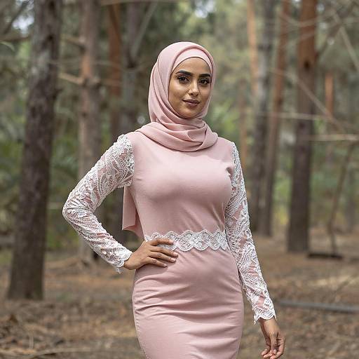 Woman in Pink Hijab in Sunlit Forest