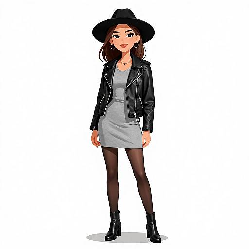 Digital illustration of a young woman with dark skin, brown eyes, and black hat, wearing a gray dress, black leather jacket, black tights,