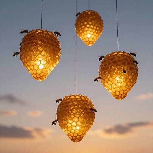Photograph of three golden, honeycomb-patterned pendant lights shaped like pineapples, each with small palm tree motifs, hanging against a sunset sky