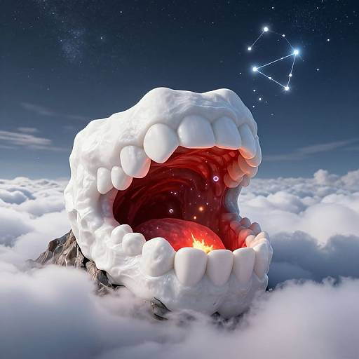 Digital artwork of a massive, white, fluffy mouth with large teeth, open wide, revealing a glowing red interior, set against a starry night sky