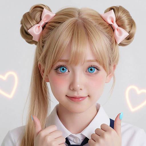 Photograph of a young girl with blonde hair in double buns, blue eyes, pink bows, white shirt, and dark vest, smiling against a