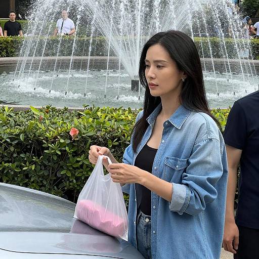 Woman Next to Silver Car by Fountain