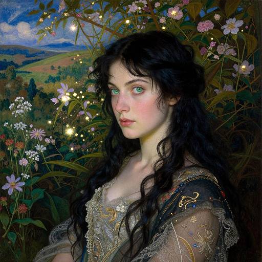 Photorealistic painting of a young woman with long black hair, green eyes, and fair skin, wearing an ornate, lace-trimmed dress