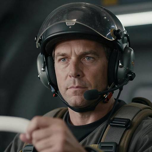 Serious Helmeted Pilot in Spacecraft
