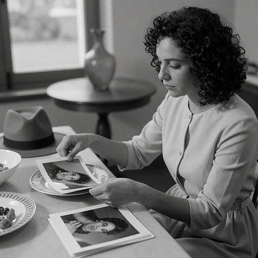 Elegant Woman Sorting Photos in Black and White