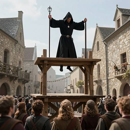 Photograph of a hooded figure in a black robe standing on a wooden platform in a medieval stone village, holding a torch and pitchfork, with
