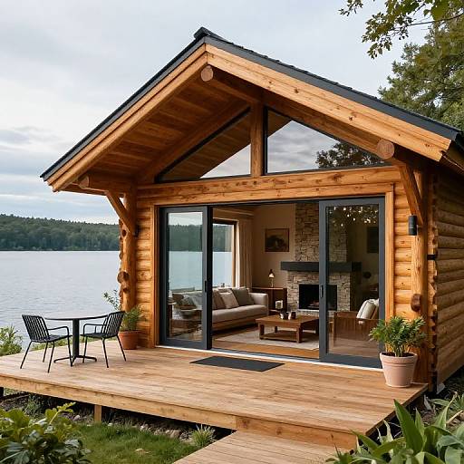 Photograph of a cozy, wooden cabin with large glass doors, overlooking a serene lake. Features wooden deck with black chairs, potted plants, and
