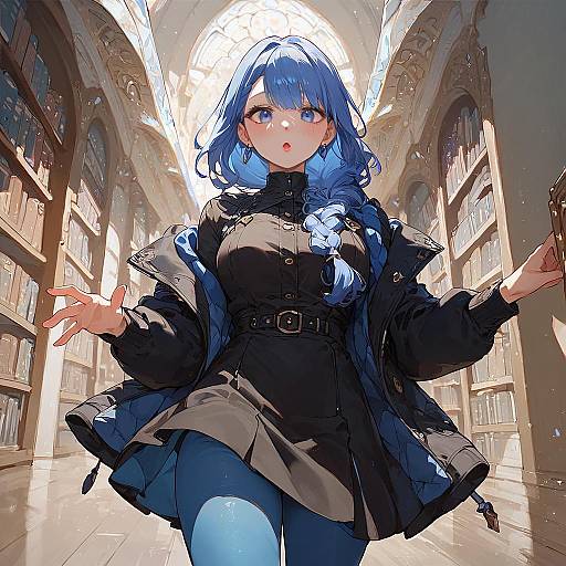 Surprised Anime Schoolgirl in Library Hallway