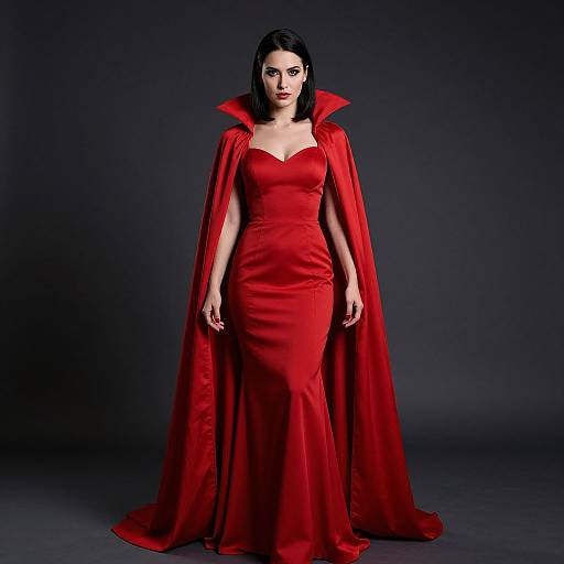 Photograph of a pale-skinned woman with black hair in a red, strapless, floor-length gown and matching cape with a high collar, standing