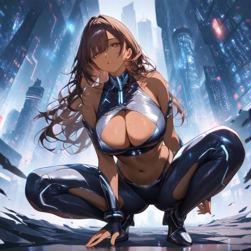 Woman in Futuristic Outfit Squatting on Urban Street