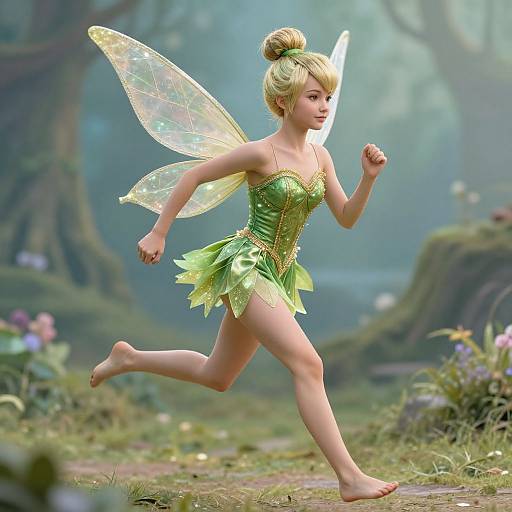 Digital CGI image of a blonde, fairy girl with green dress and translucent wings, running barefoot through a misty, enchanted forest.