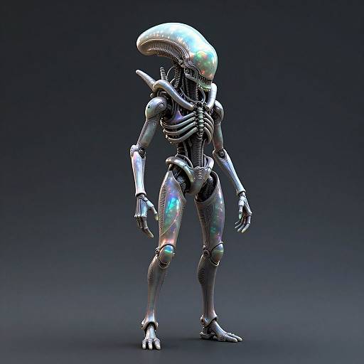 Digital CGI of a sleek, metallic Xenomorph-like alien with a glossy, curved head, iridescent limbs, and dark blue gradient background.