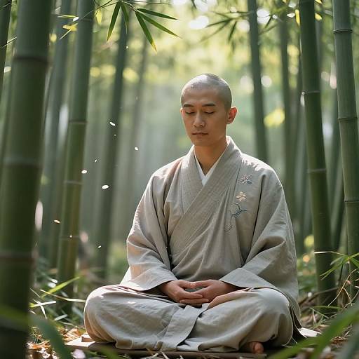 Monk Meditating in Bamboo Forest