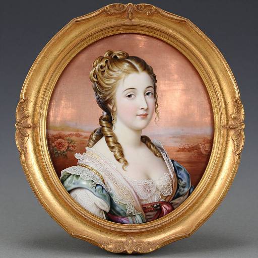 Classical portrait painting of a fair-skinned woman with powdered blonde hair, lace-trimmed dress, and blue sleeves, in a gold oval frame