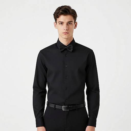 Photograph of a young man with short dark hair, wearing a black button-up shirt, black bow tie, and black pants with a belt, standing