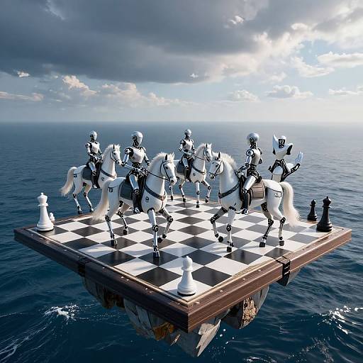 Photorealistic CGI: Floating chessboard with white knight pieces and white horses on black-and-white checkered squares, set against a cloudy ocean sky.