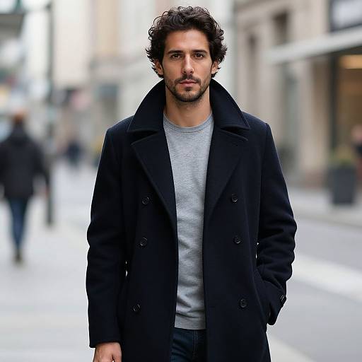 Photograph of a handsome, curly-haired man with a trimmed beard, wearing a black coat over a gray t-shirt, standing on a blurred city street
