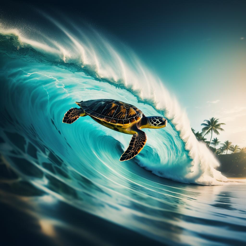 Tropical Surfing Turtle in Cinematic Style