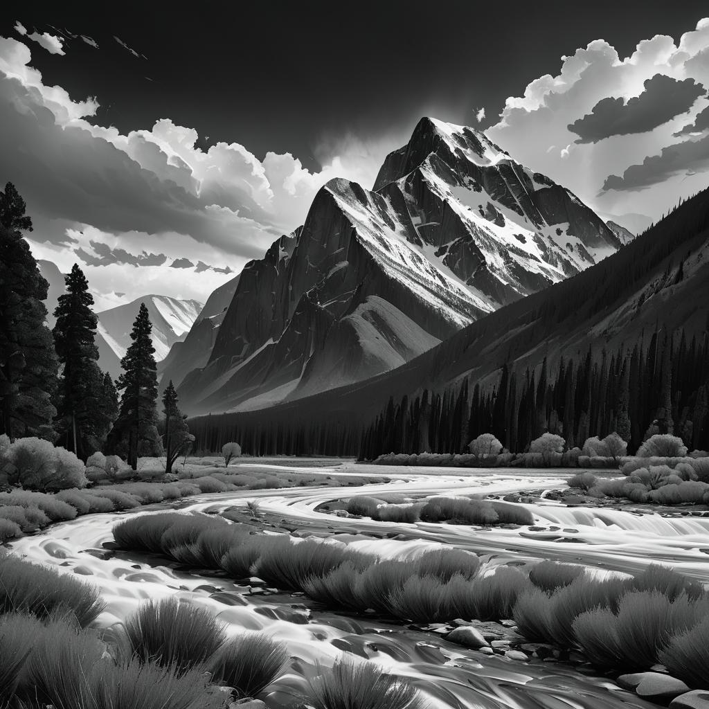 Dramatic Black-and-White Riverbend Landscape