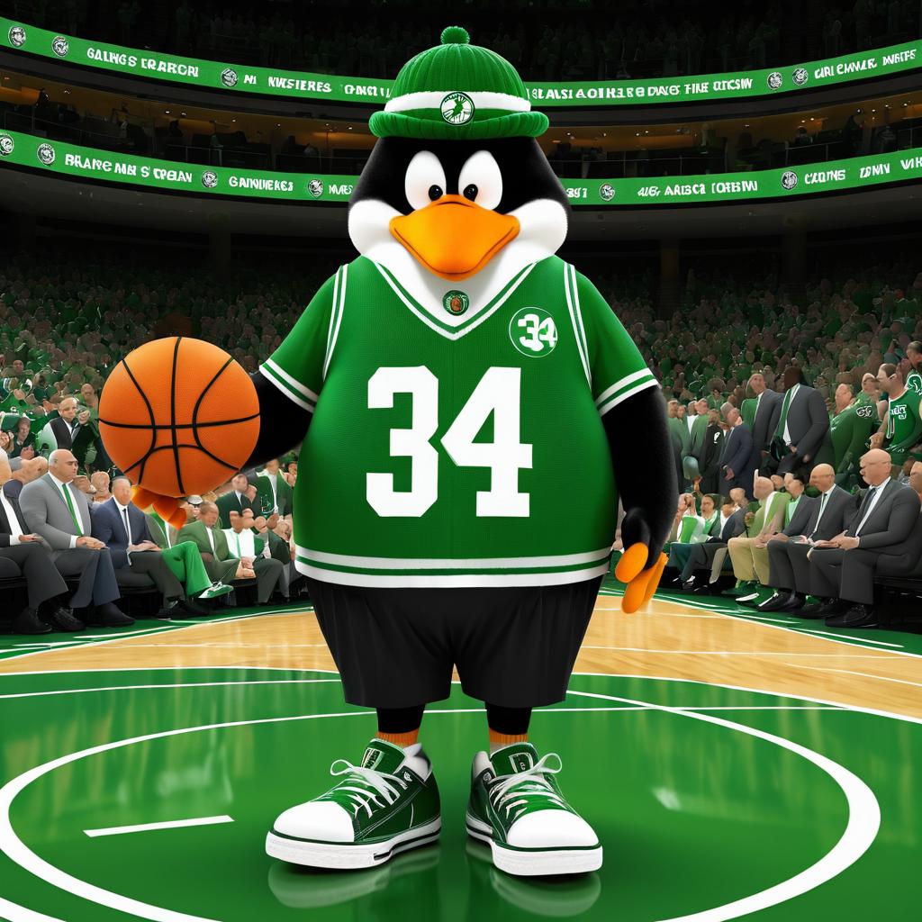 Penguin in Celtics Jersey with Basketball