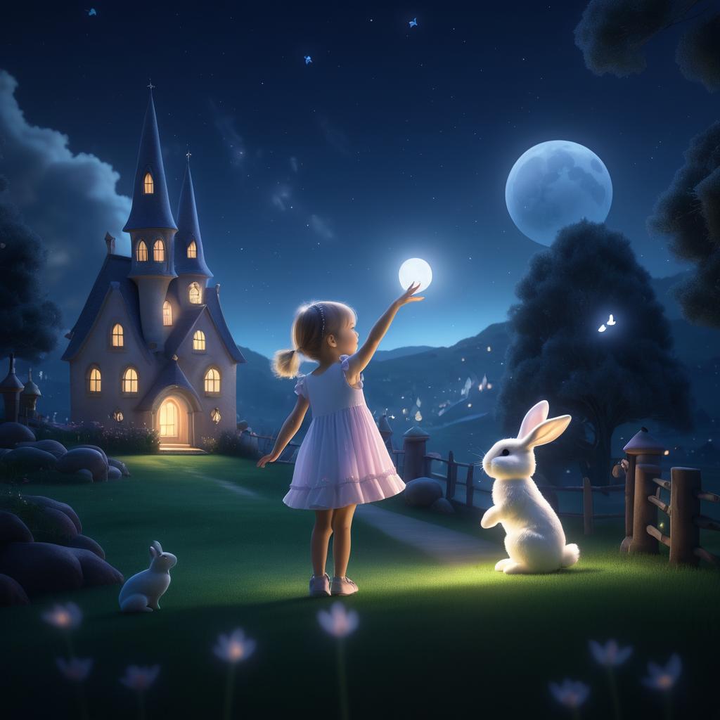 Whimsical Nighttime Scene with Girl and Rabbit