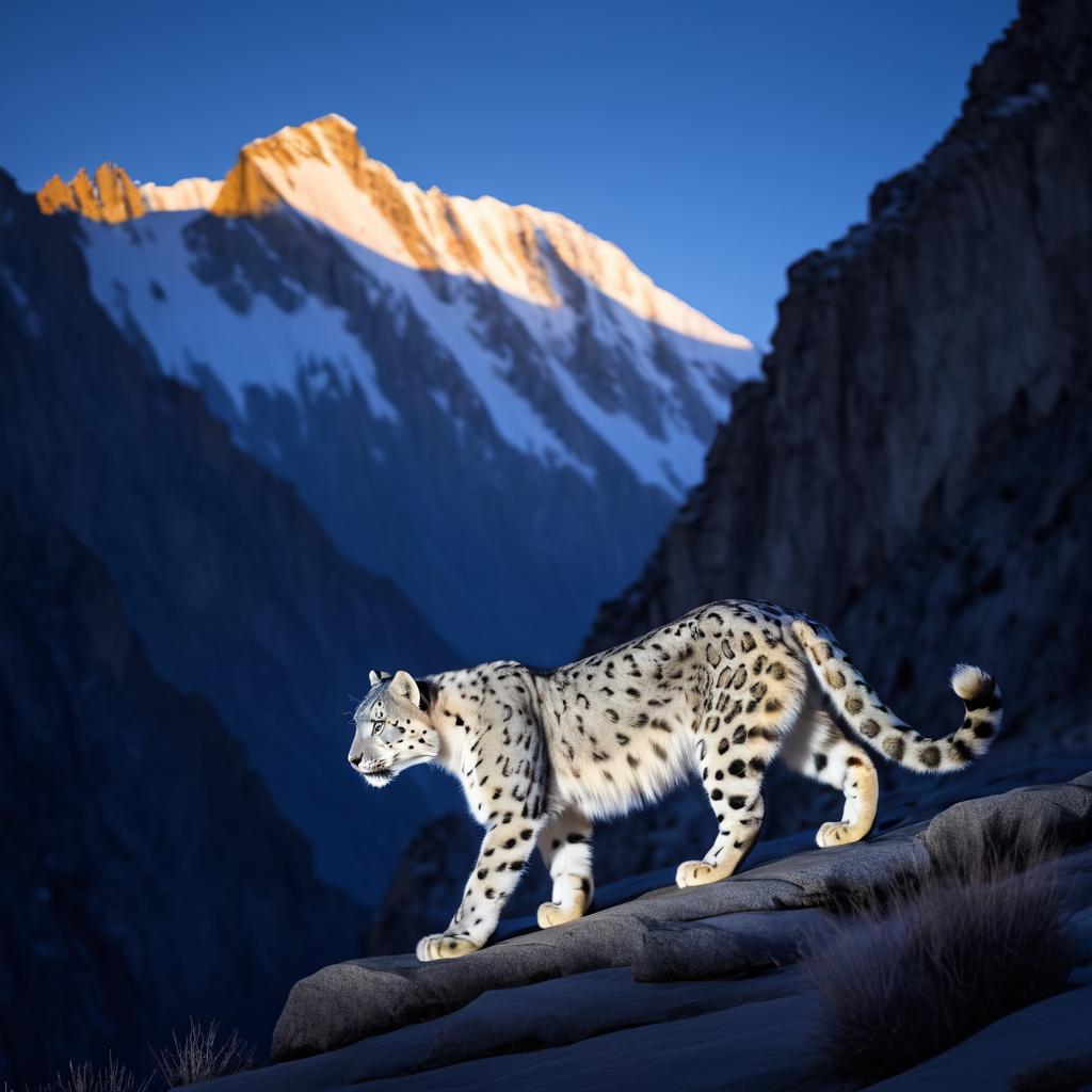 Snow Leopard Stalking Prey at Twilight