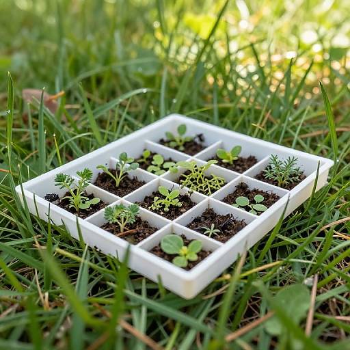 Photograph of a white grid seed tray with small green seedlings in dark soil, placed on lush green grass. Sunlight filters through in the background