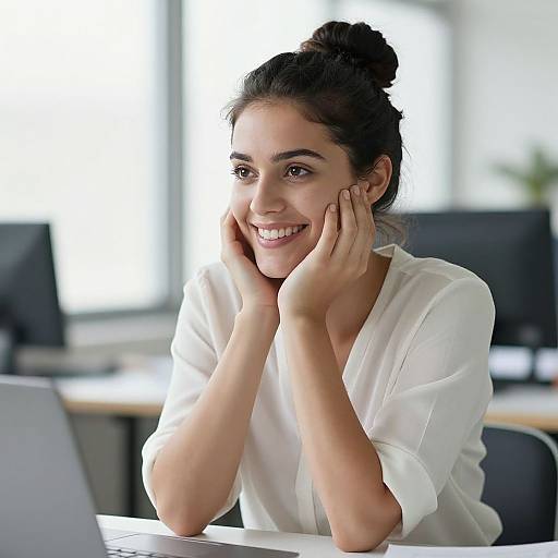 Photograph of a smiling young woman with dark hair in a bun, wearing a white blouse, hands on cheeks, looking at a laptop in a bright