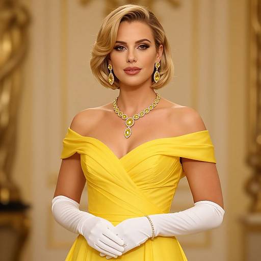 Photograph of a blonde woman with short wavy hair, wearing an off-shoulder yellow gown, white gloves, and yellow jewelry, standing in