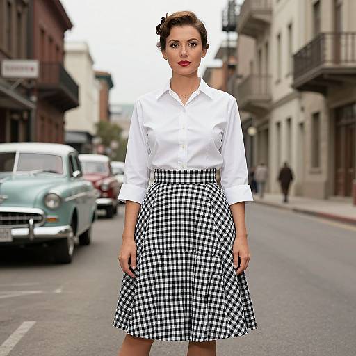 Photograph of a woman with red lipstick, white blouse, and black-and-white checkered skirt, standing on a vintage street with classic cars.