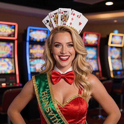 Photograph of a smiling blonde woman in a red and green 
