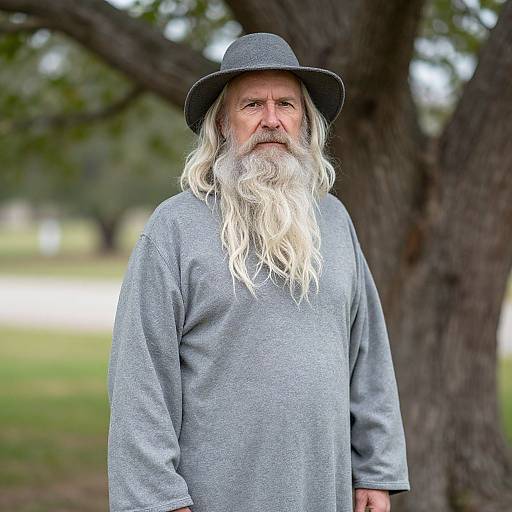 Photograph of an elderly white man with a long, white beard, wearing a gray hat and loose gray shirt, standing in front of a large tree