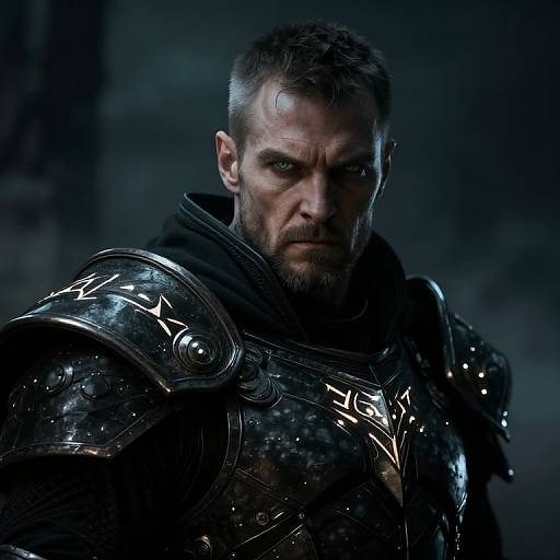 Photograph of a rugged, bearded man with intense expression, wearing dark, ornate, metallic armor with intricate designs, set against a moody