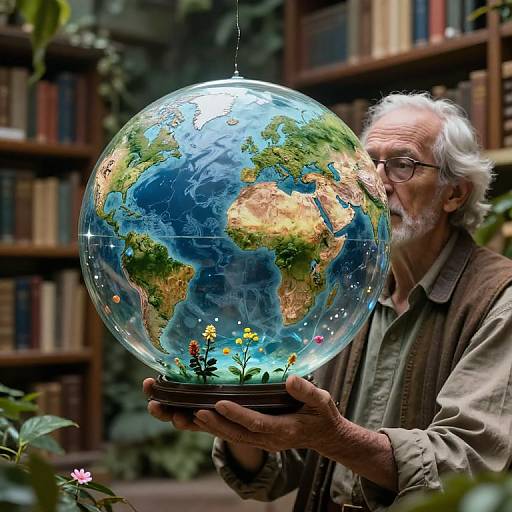 Photograph of an elderly man with white hair and glasses holding a large, detailed, transparent Earth globe with colorful continents and tiny flowers at a library.