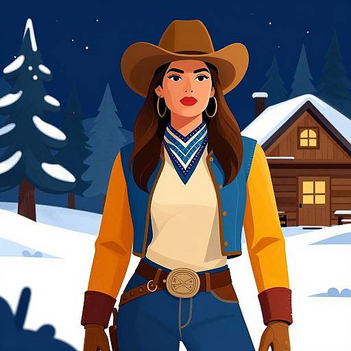 Digital illustration of a confident woman in cowboy attire, wearing a brown hat, blue vest, yellow sleeves, and brown gloves, standing in a snowy,