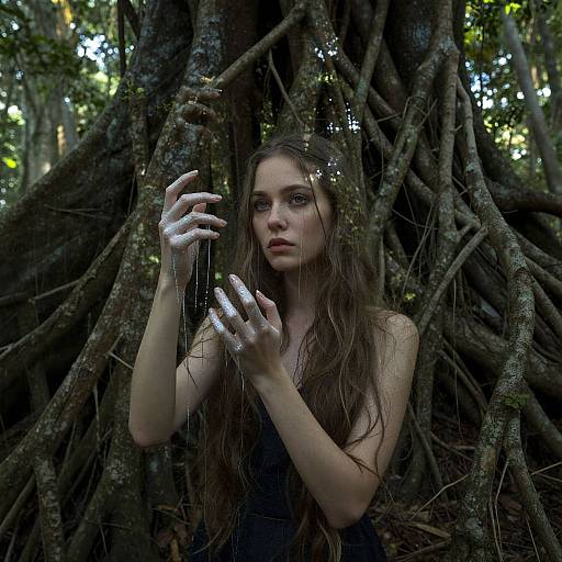Photograph of a pale, long-haired woman with silver-painted hands, standing amidst dense, twisted tree roots in a forest, looking intensely at the