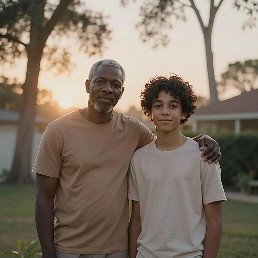 Photograph of an older Black man with gray hair and beard, wearing a beige shirt, standing beside a young Black boy with curly hair, in a