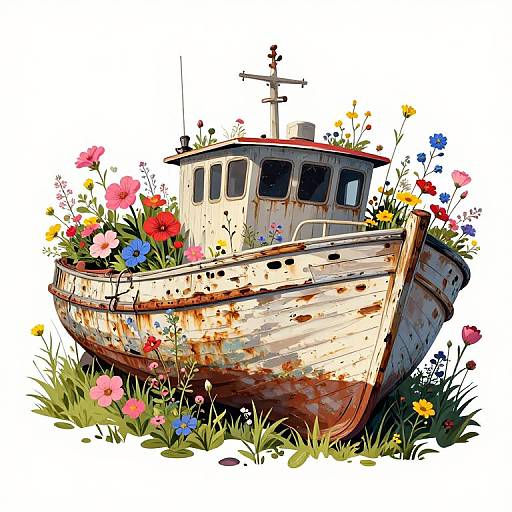 Illustration of a rusted, abandoned boat surrounded by vibrant, colorful flowers, including red, pink, blue, and yellow blooms, set against a