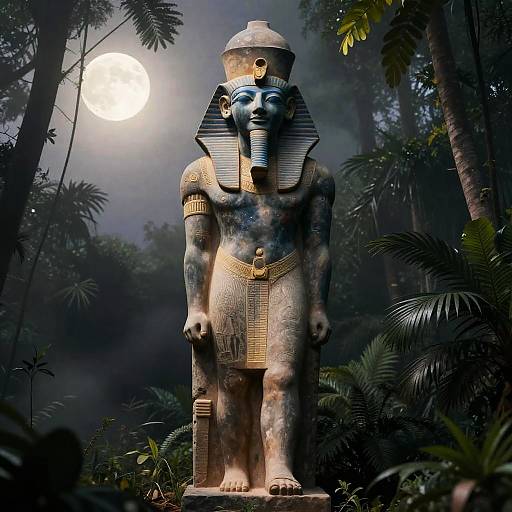 Moonlit Sekhmet Statue in Misty Jungle