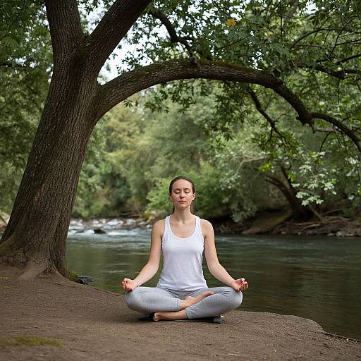 Photograph of a woman with light skin and brown hair, wearing a white tank top and grey pants, sitting in a lotus position on a river