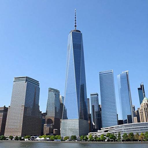 Photograph of One World Trade Center, towering over a cluster of modern skyscrapers in New York City, under a clear blue sky.