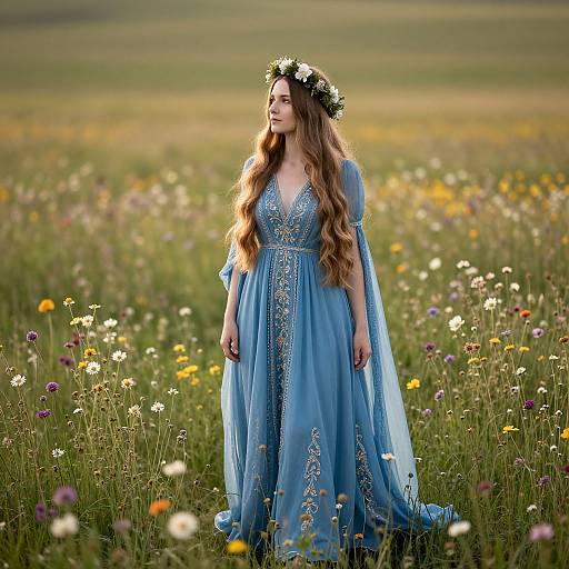 Photograph of a woman with long, wavy brown hair, wearing a blue, embroidered dress and flower crown, standing in a colorful meadow of