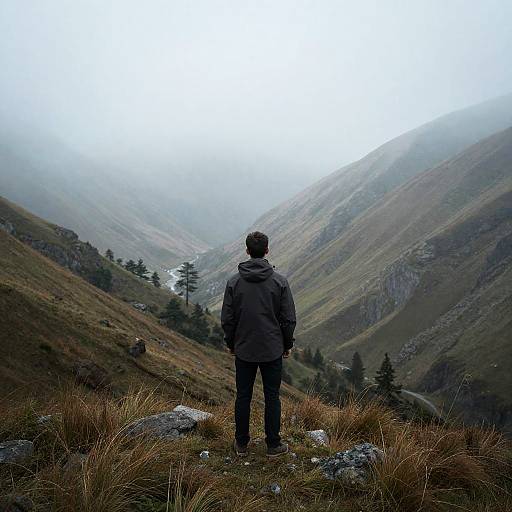 Photograph of a lone hiker in a gray jacket and black pants, standing on a grassy mountain peak, facing a misty, expansive valley