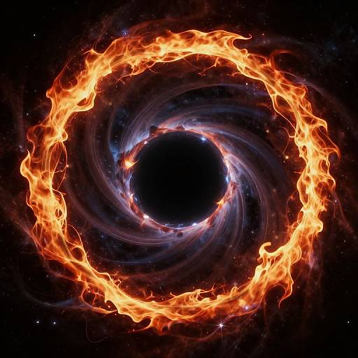 Digital artwork of a fiery, swirling vortex against a dark space background, with bright orange flames encircling a black void.