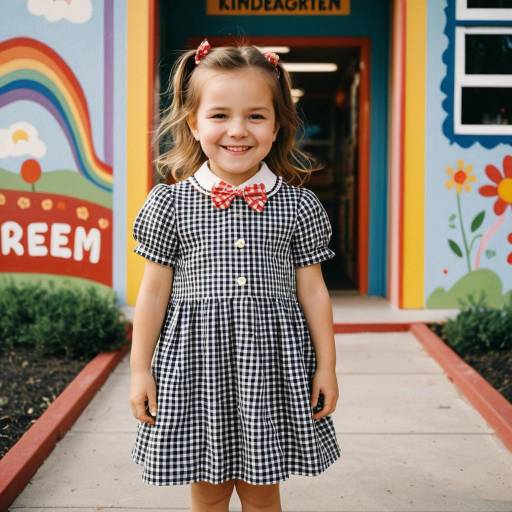 Smiling Toddler Girl in Gingham Dress at Kindergarten Entrance