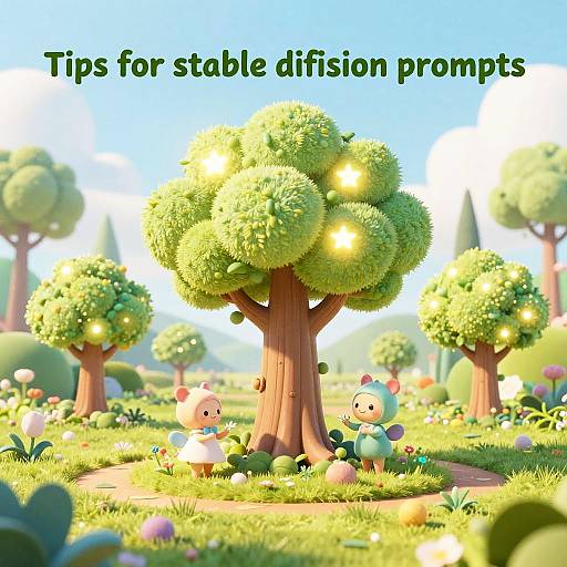 Colorful CGI image of cartoon garden with round, glowing trees, two cute characters, text 