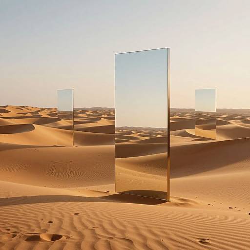 Photograph of three tall, transparent glass panels standing in a vast, sunlit desert with undulating sand dunes under a clear sky.